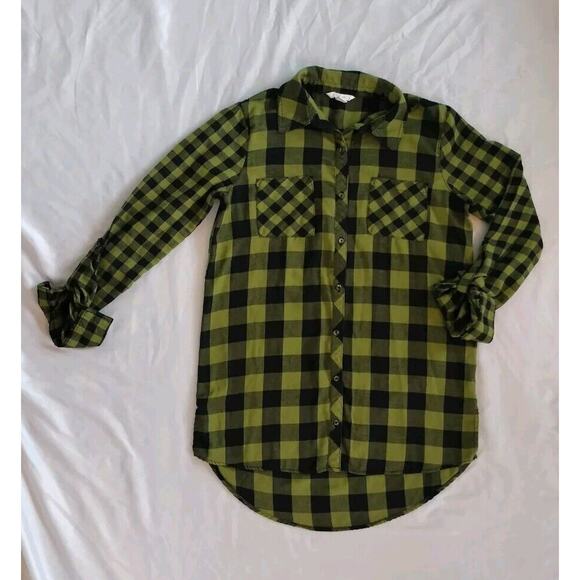 Est 1946 Juniors XS Plaid Button Up Top Green Black Long Roll Tab Sleeves XSmall - Picture 3 of 15